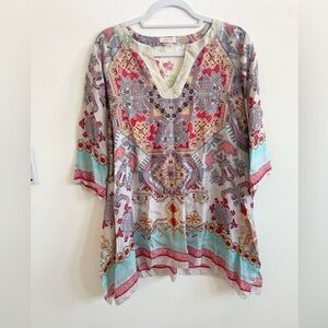 Johnny Was white red blue multicolor Alamo Silk Indian Print Tunic blouse S